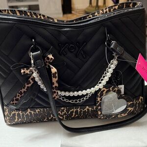 Betsey Johnson Black and Leopard Tote with Pearl Accents